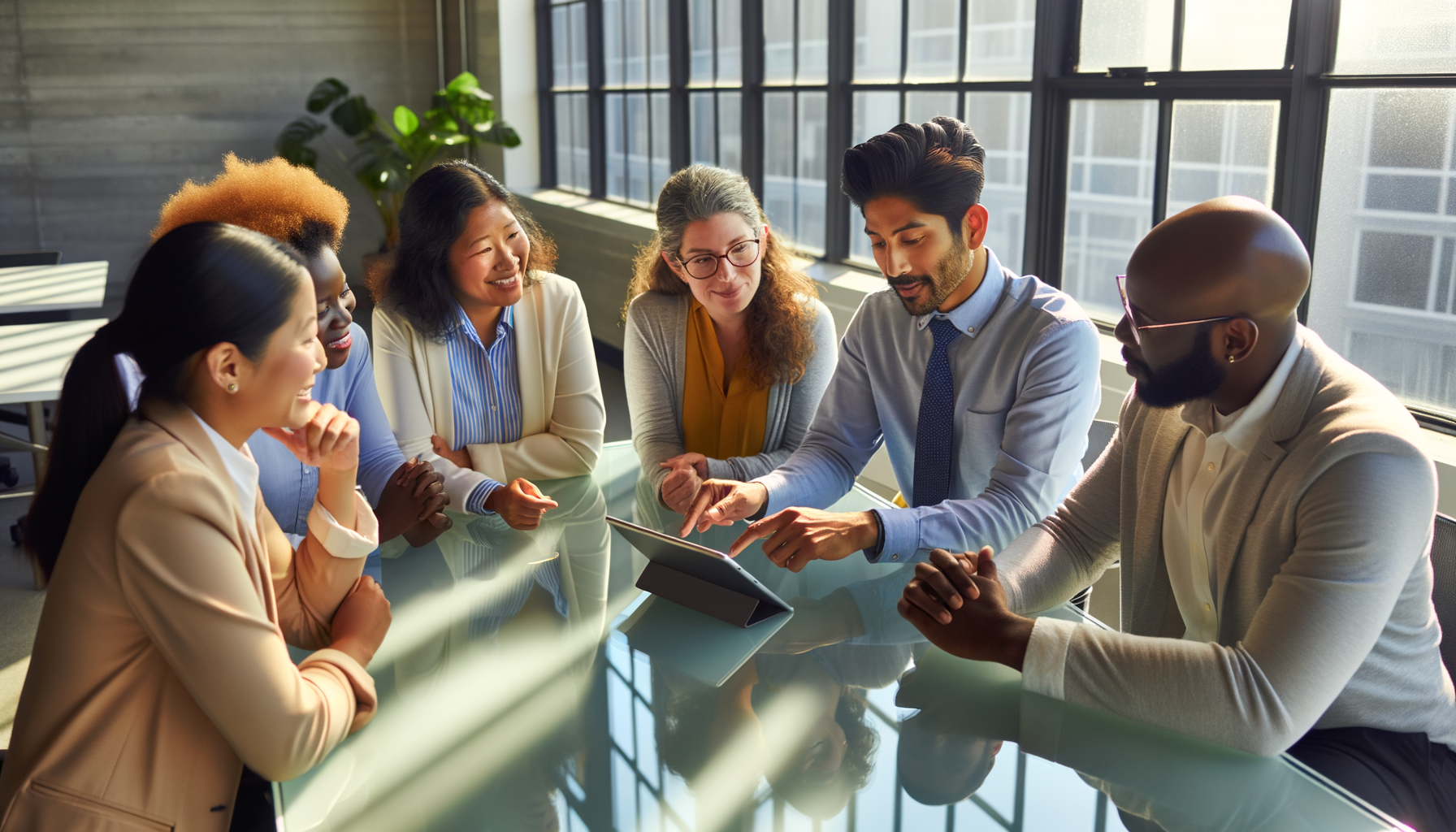 Small business team collaborating around conference table discussing referral strategies