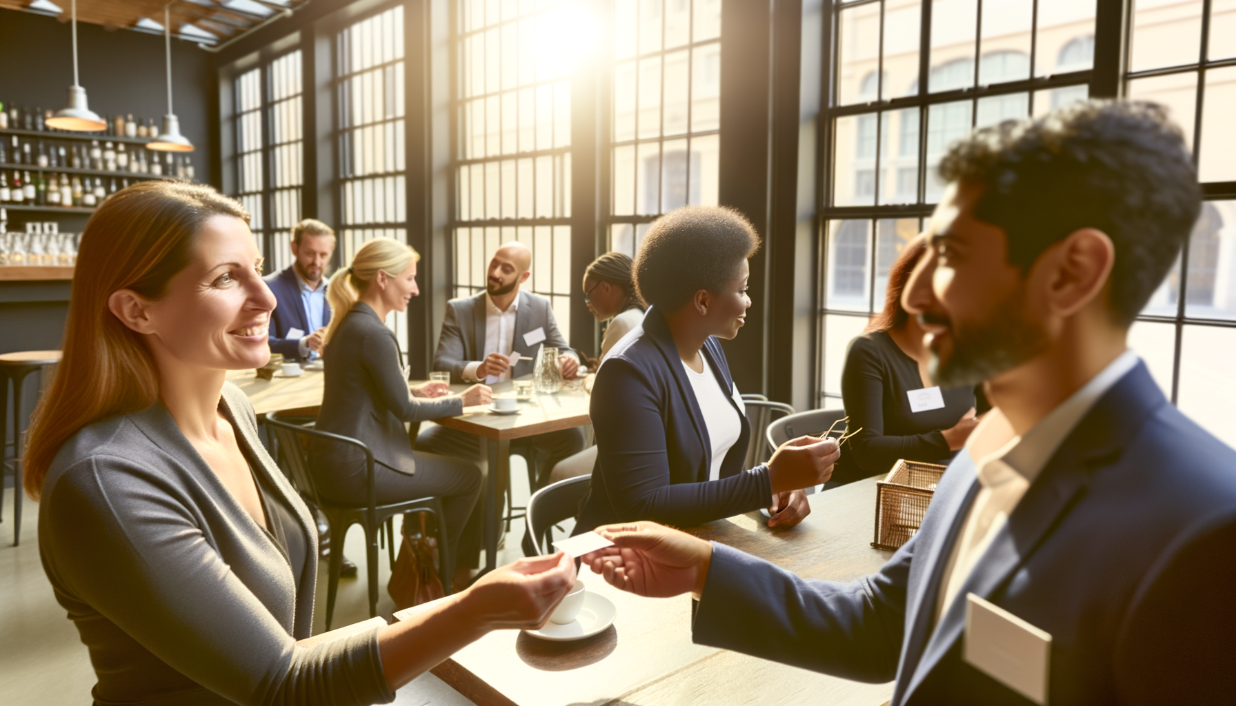 Business professionals networking at a coffee shop event, exchanging business cards and having conversations