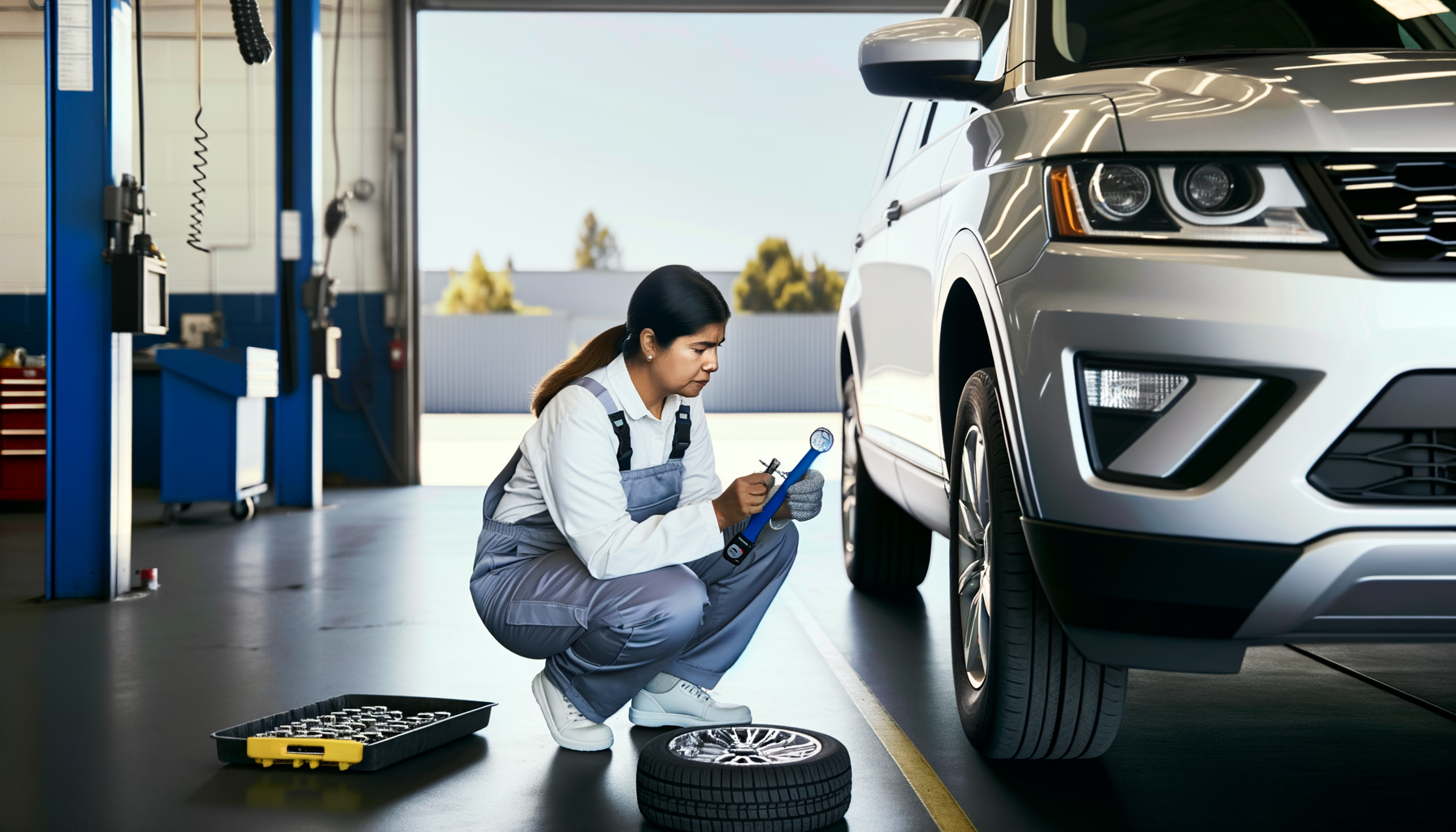 Professional mechanic examining tire tread depth during rotation service