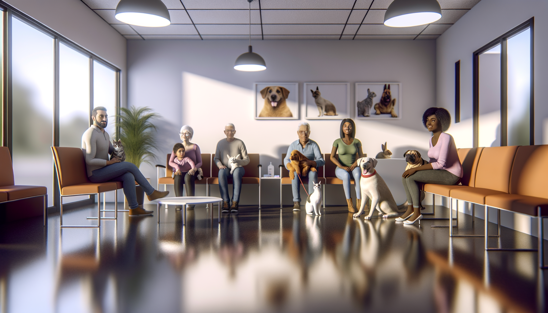 Pet owners with their animals in a welcoming veterinary clinic waiting room