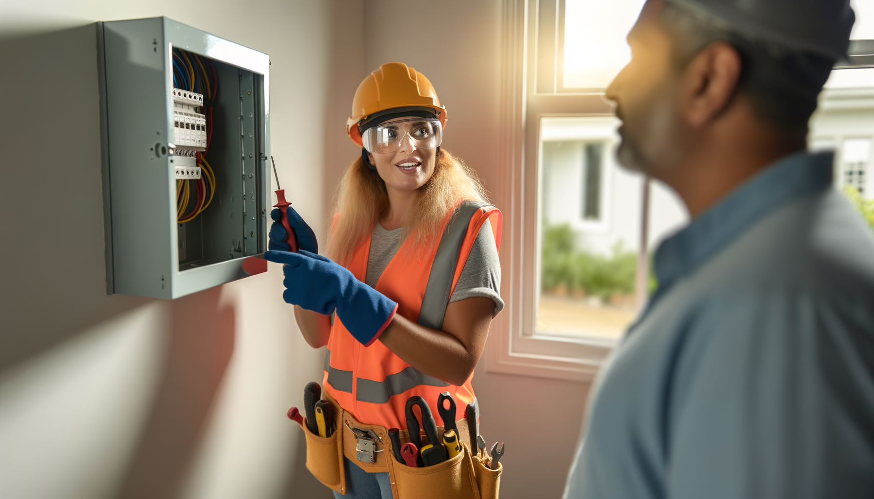 Professional electrician explaining electrical work to homeowner in residential setting