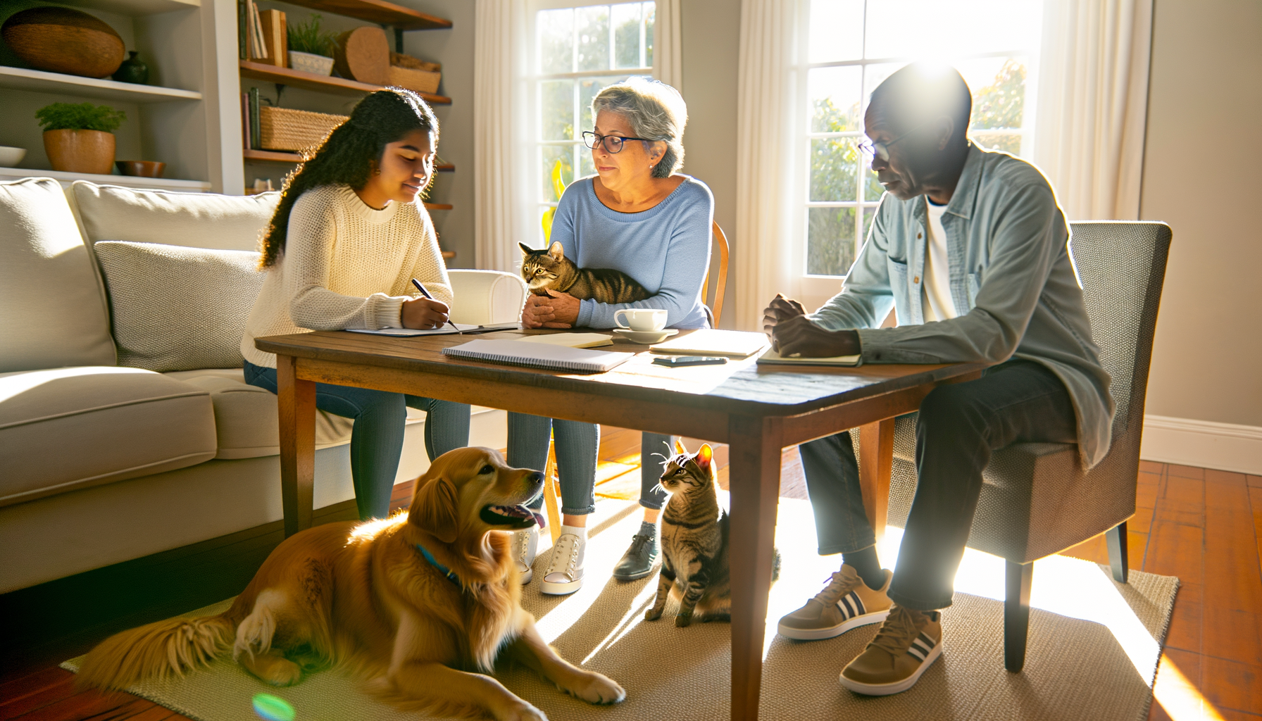 Three pet owners of different ages and backgrounds planning pet care coordination while their dogs and cat interact comfortably