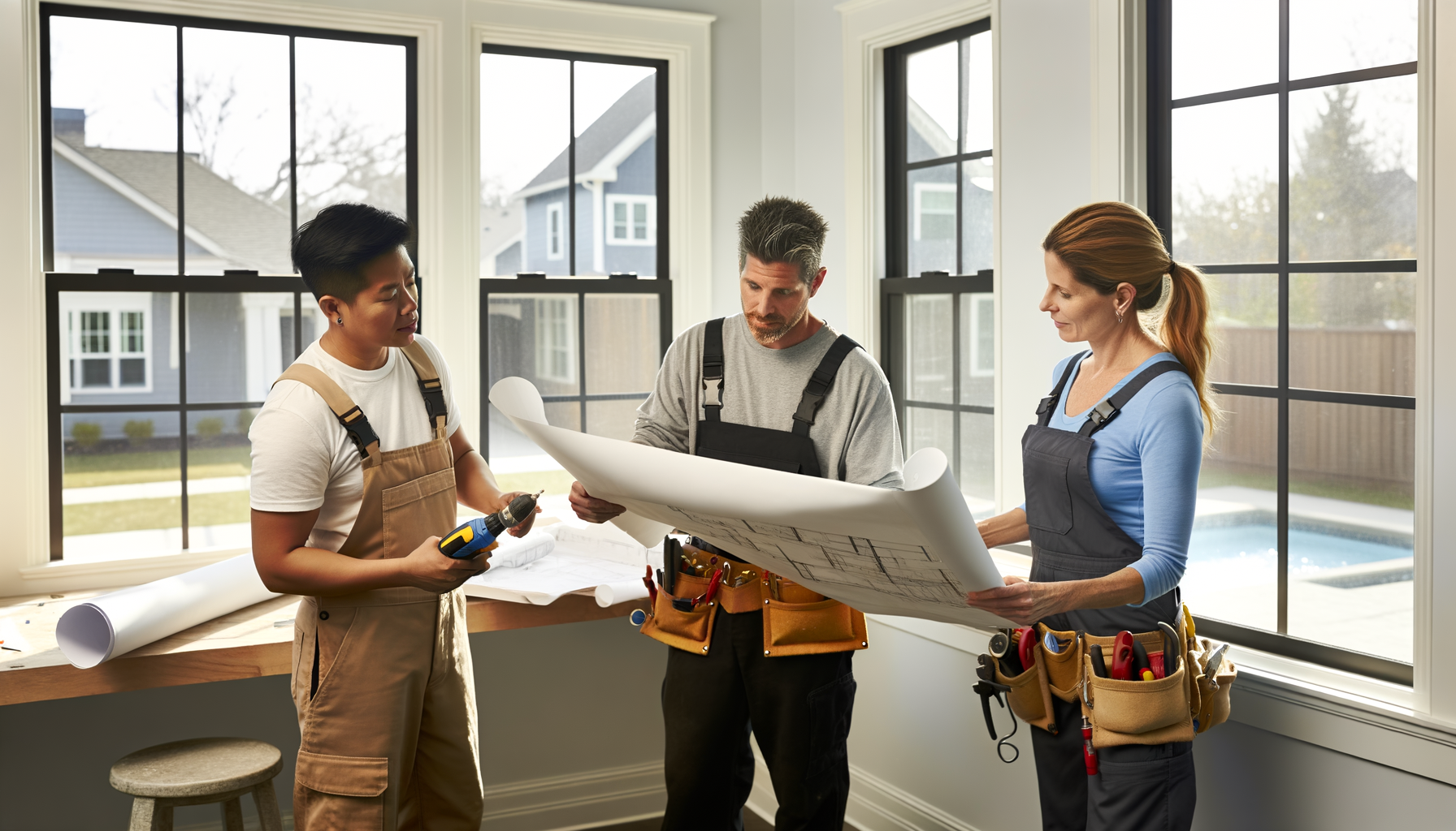 Multiple service professionals collaborating on home renovation project