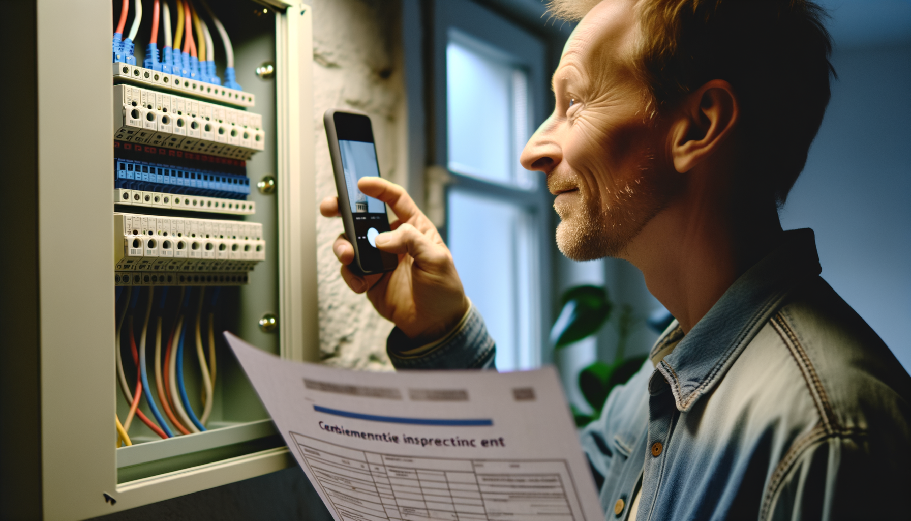 Homeowner documenting electrical panel work with smartphone and inspection papers