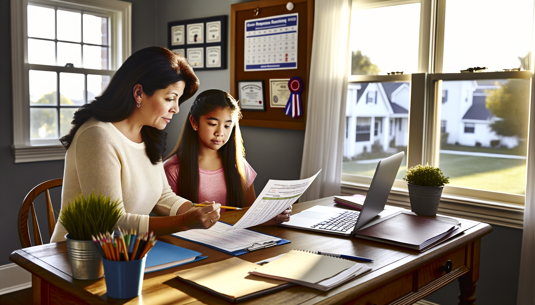Parent and student reviewing academic progress and test scores together at home study desk