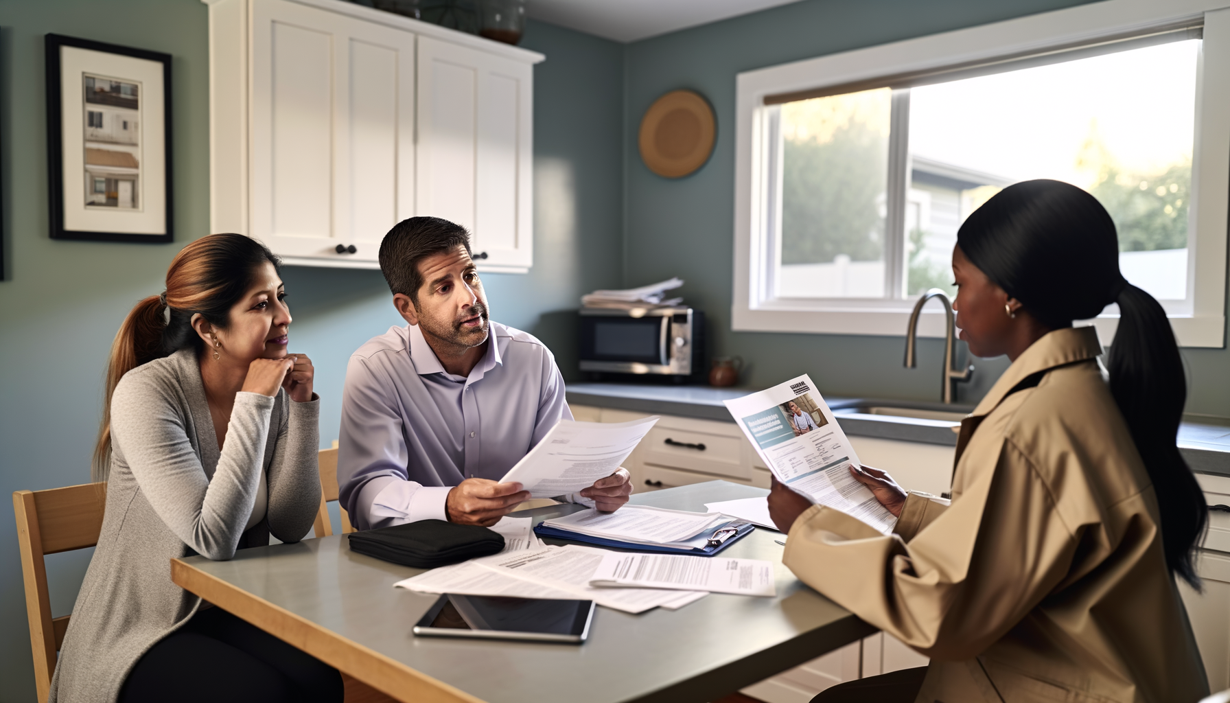 Homeowners reviewing contractor credentials and documentation during evaluation meeting