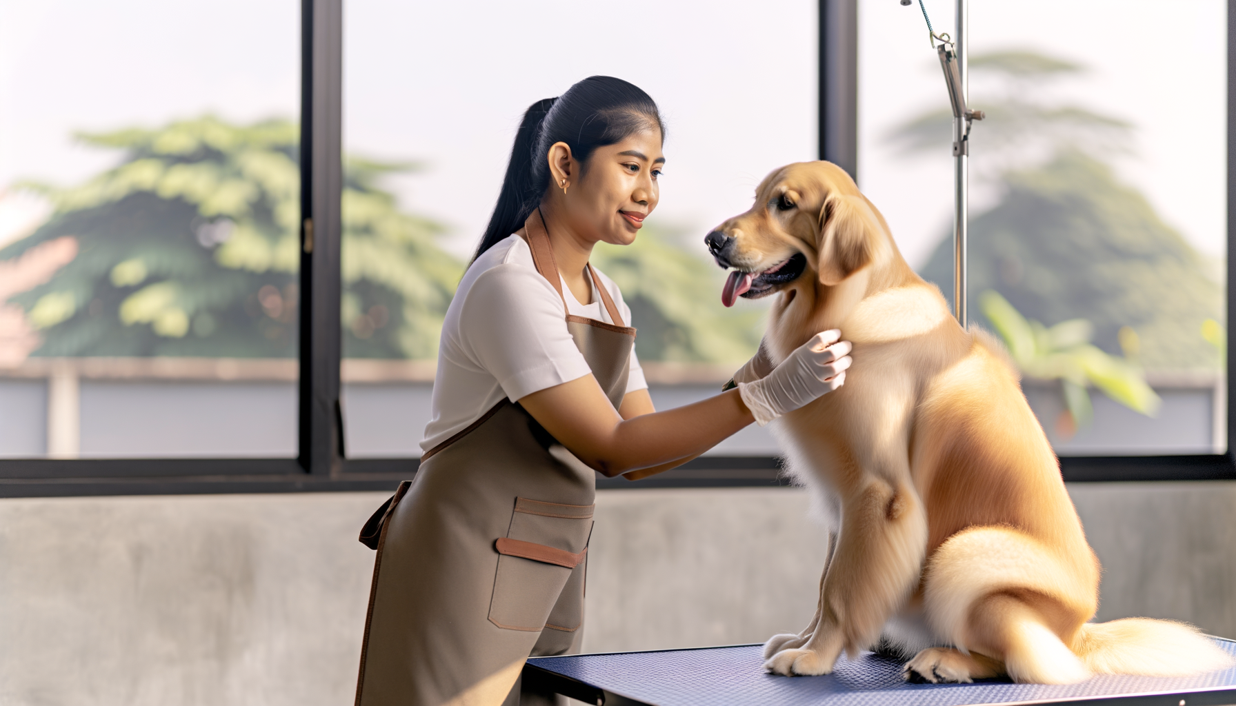 Professional pet groomer examining a well-groomed golden retriever in a modern pet salon
