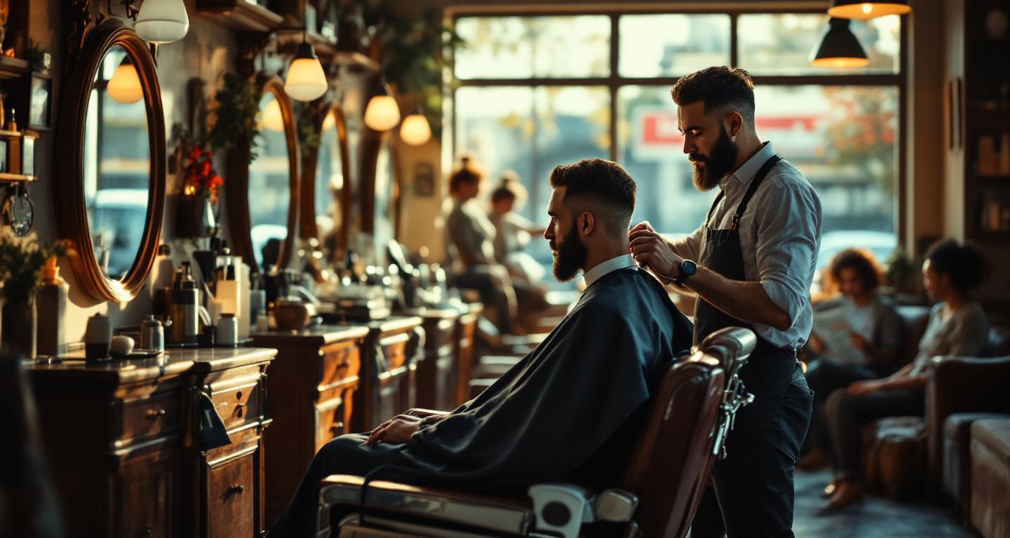 Professional barber cutting customer's hair in a welcoming neighborhood barbershop with natural lighting