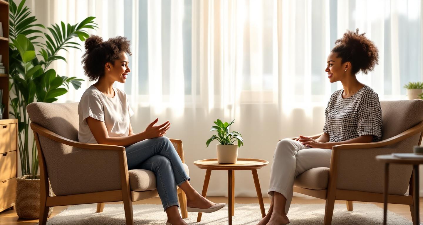 Compassionate therapist in welcoming office setting with comfortable seating and natural lighting