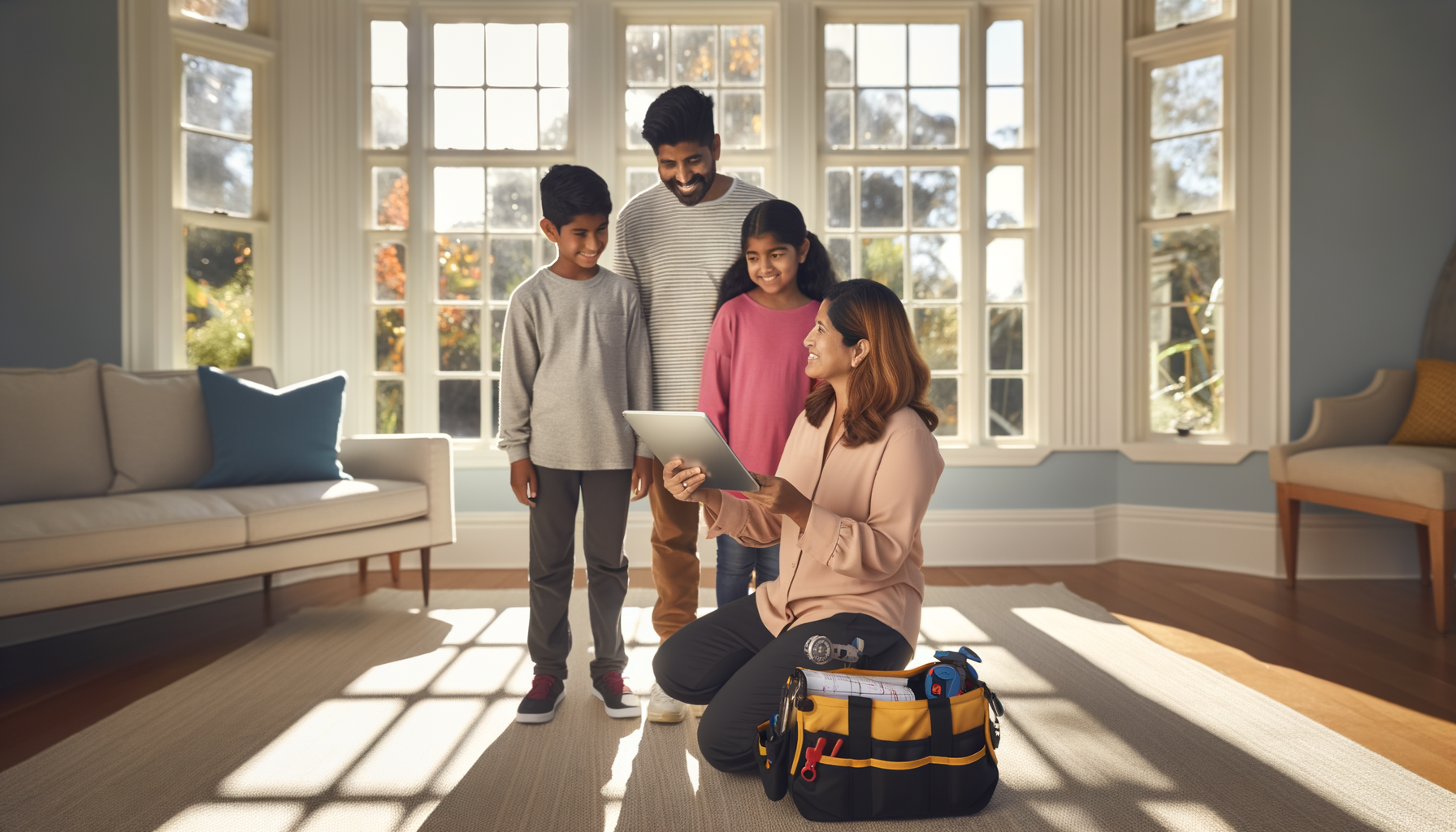 Family meeting with professional contractor who is engaging children in discussion about home renovation project