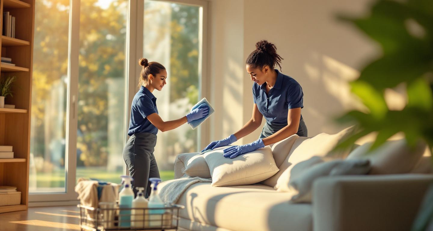 Professional cleaning team working efficiently in a bright modern living room
