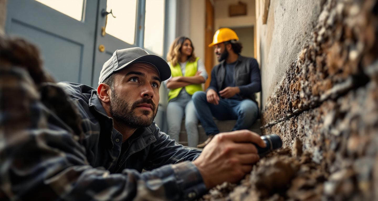 Professional home inspector examining house foundation while homebuyers observe during property inspection