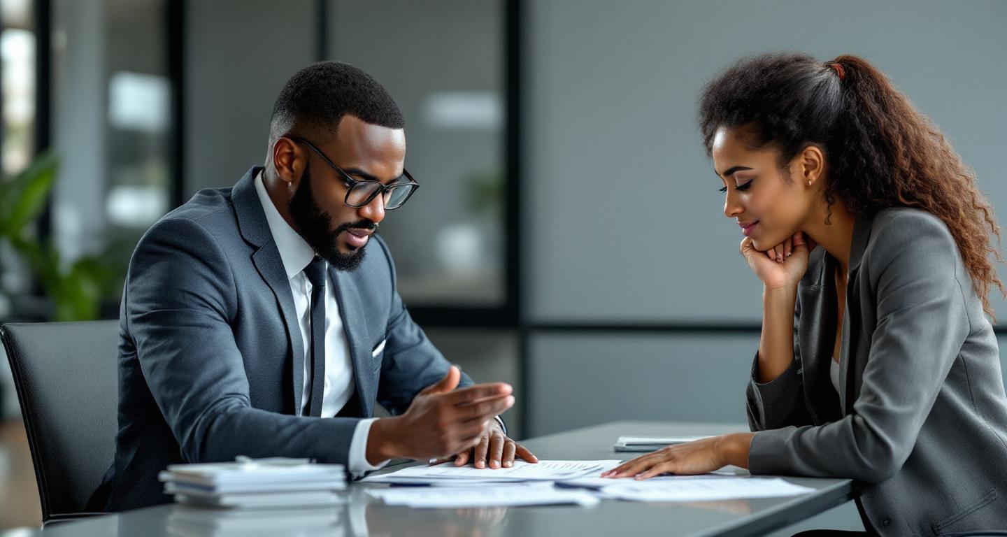 Professional insurance agent consulting with clients in modern office setting