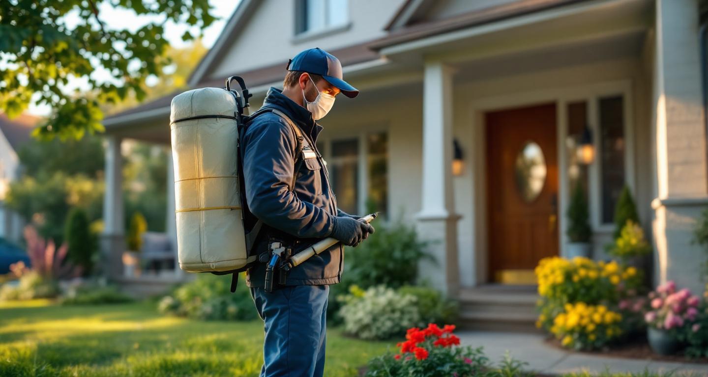 Professional pest control technician inspecting home exterior