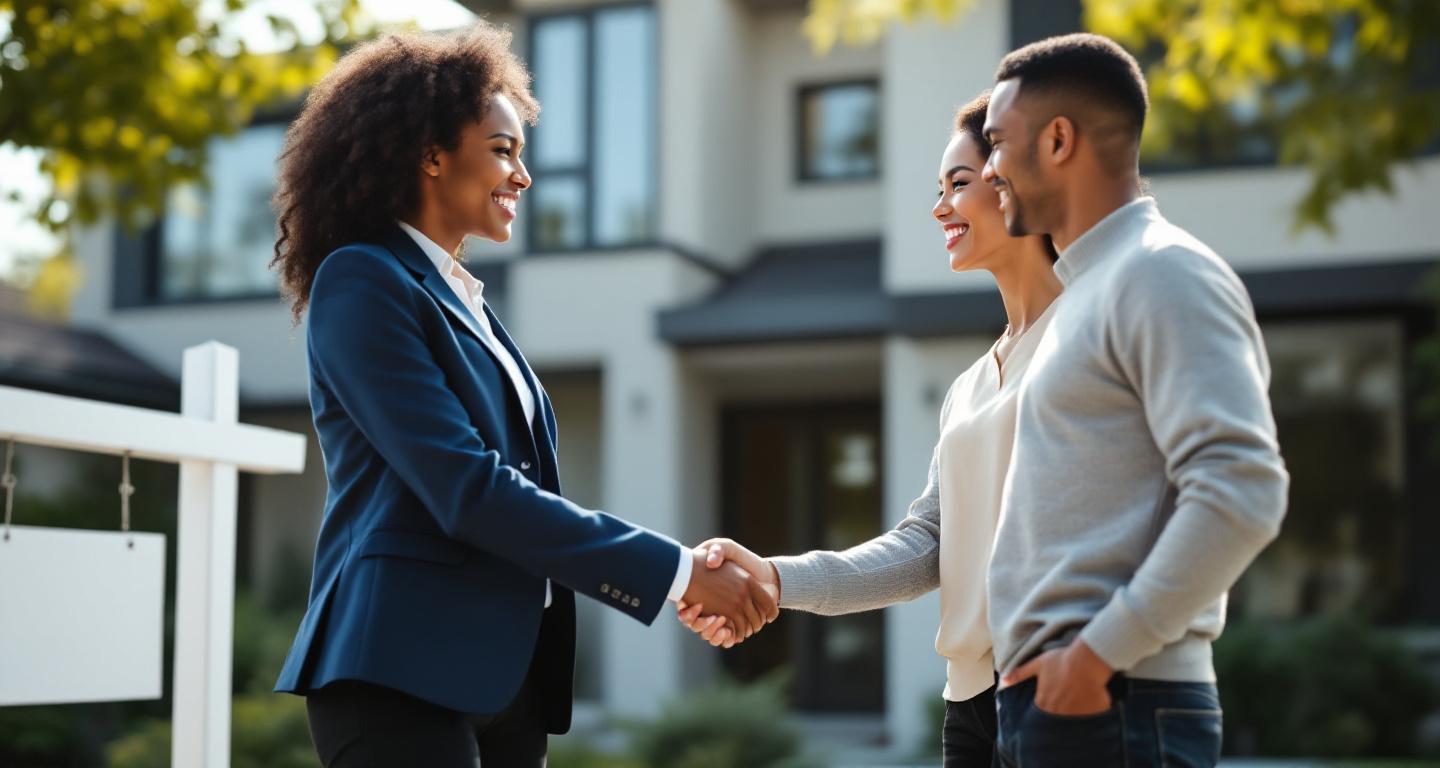 Professional real estate agent shaking hands with clients in front of a home for sale