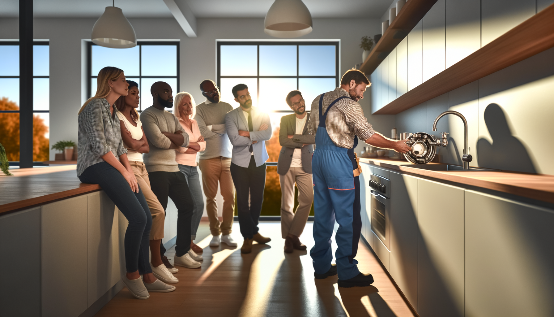Professional home repair specialist explaining plumbing work to attentive homeowners in a bright kitchen