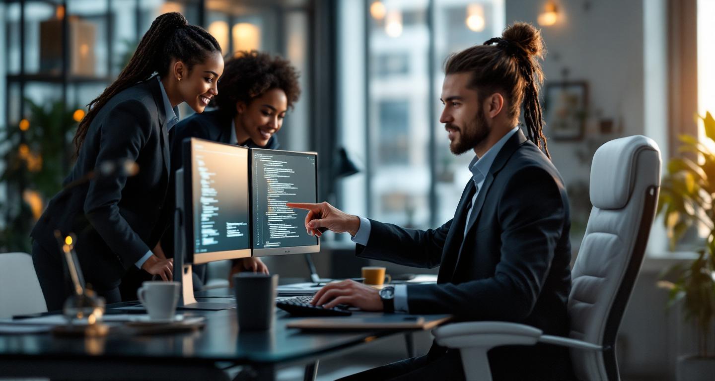 IT support specialist helping business professionals with computer technical issues in modern office