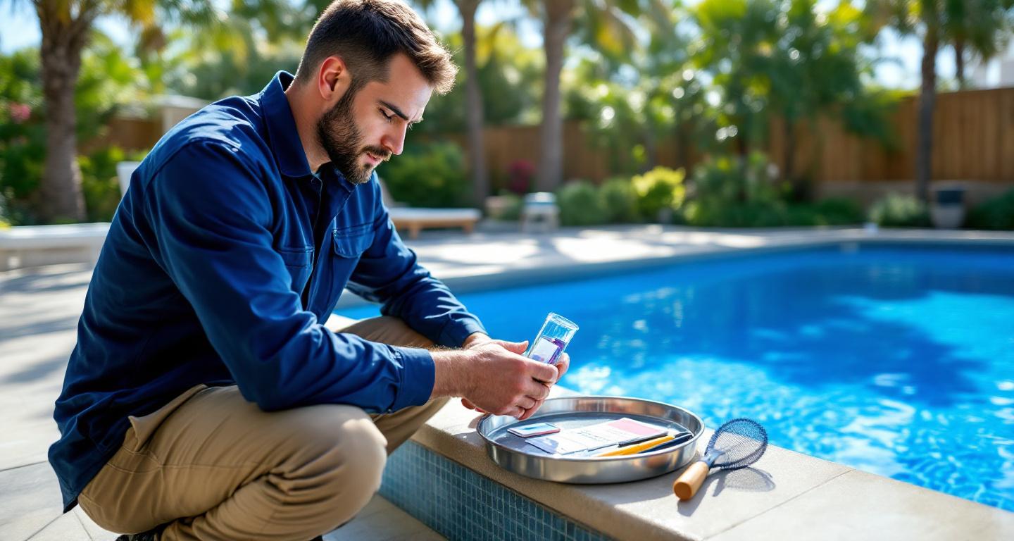 Professional pool service technician testing water chemistry in a clean residential swimming pool