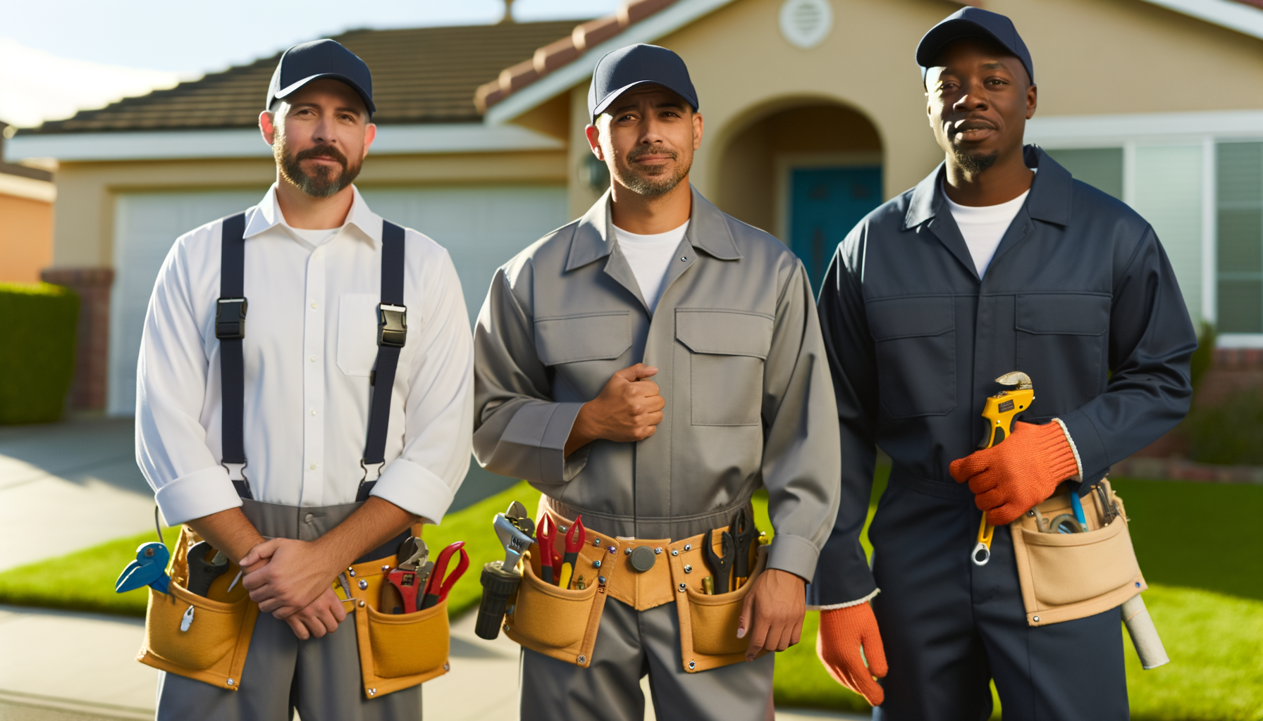 Professional trade workers including electrician, plumber, and carpenter standing outside residential home