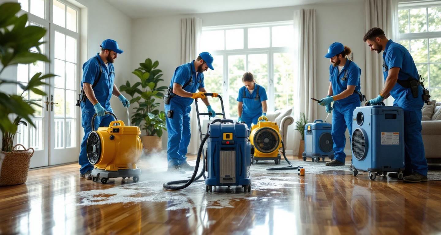 Professional water damage restoration technicians using specialized equipment in a home