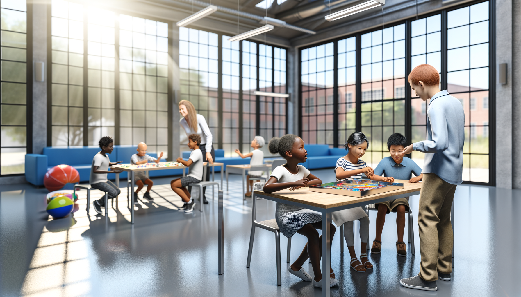Children participating in various after-school program activities with adult supervisors in a bright community center