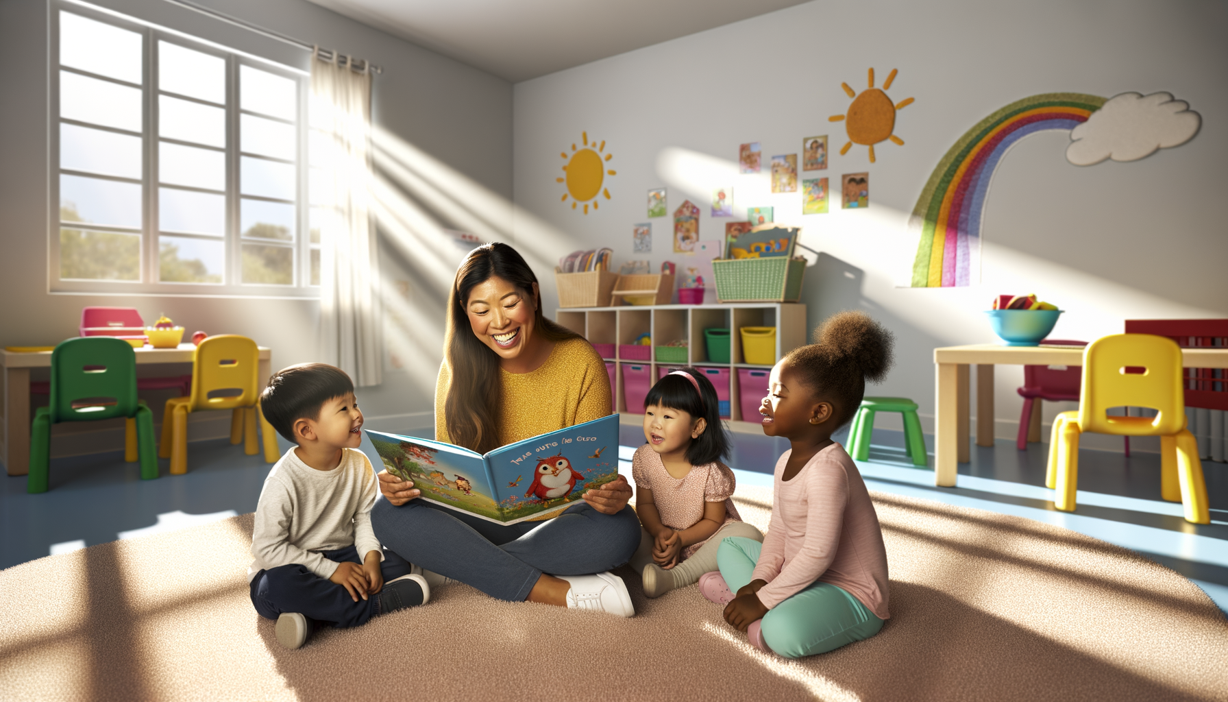 Childcare provider reading to diverse group of children in bright, welcoming daycare classroom