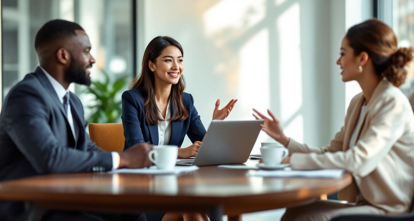 Financial advisor meeting with clients in professional office setting