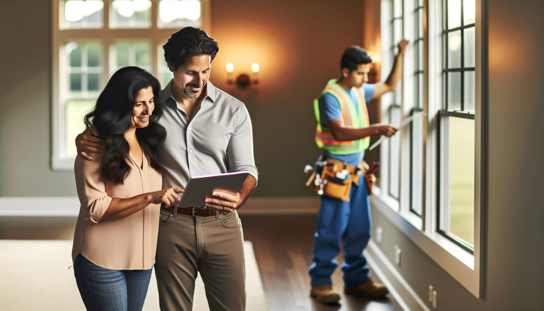 Homeowners reviewing contractor options on tablet while trusted professional works in background