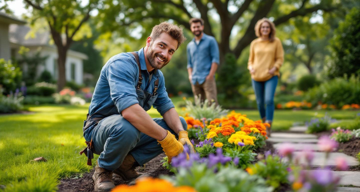 Professional landscaper planting flowers while homeowners observe the quality work being done in their yard