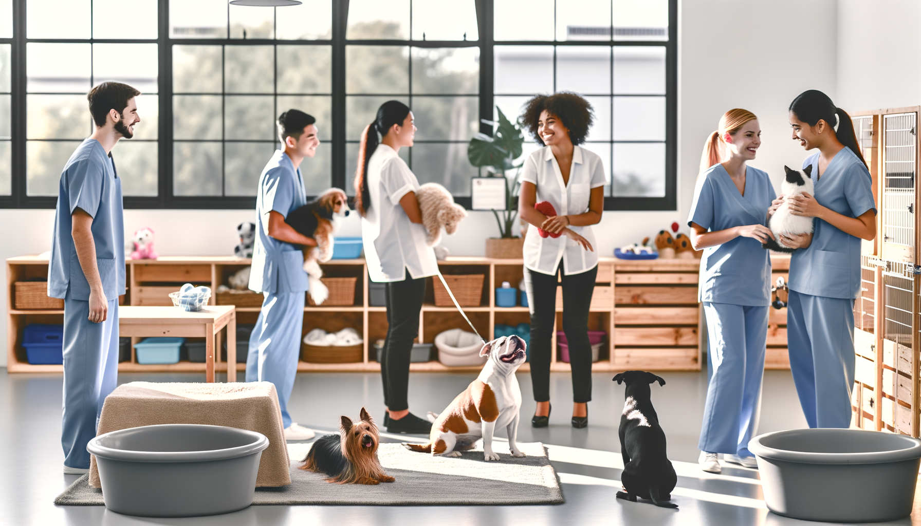 Professional pet care staff providing gentle care to dogs and cats in a bright, welcoming facility