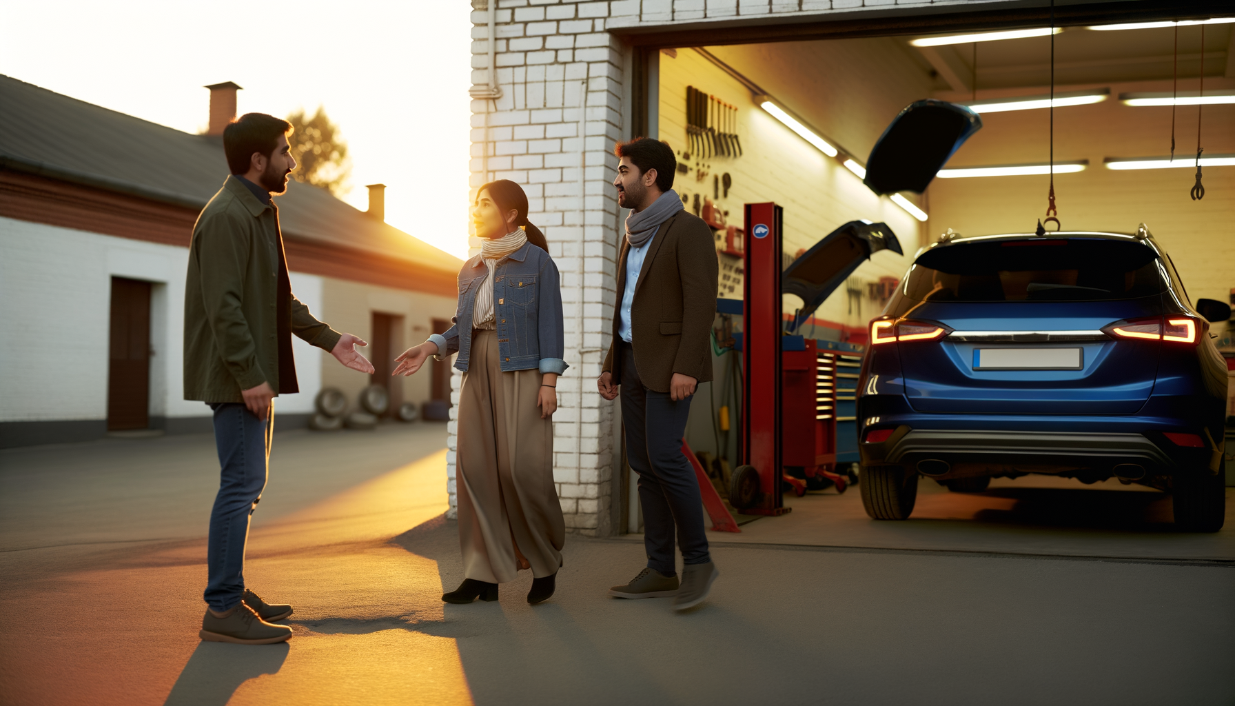 People discussing mechanic recommendations outside a professional auto repair shop