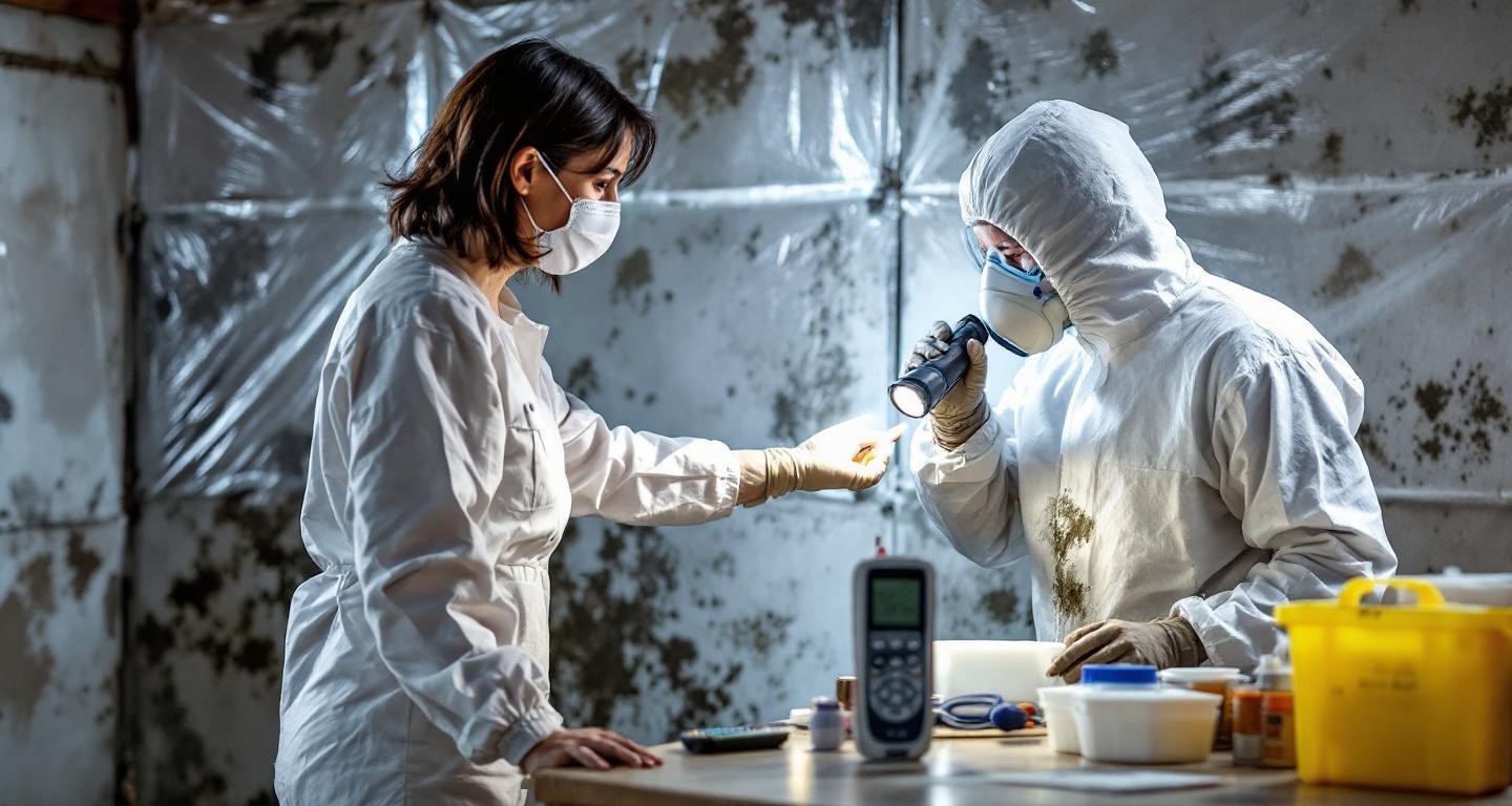 Professional mold remediation specialist inspecting water damage and mold growth on basement wall while homeowner observes