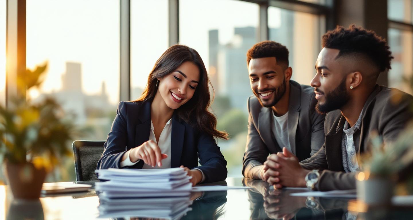 Professional mortgage broker meeting with clients to discuss home loan options