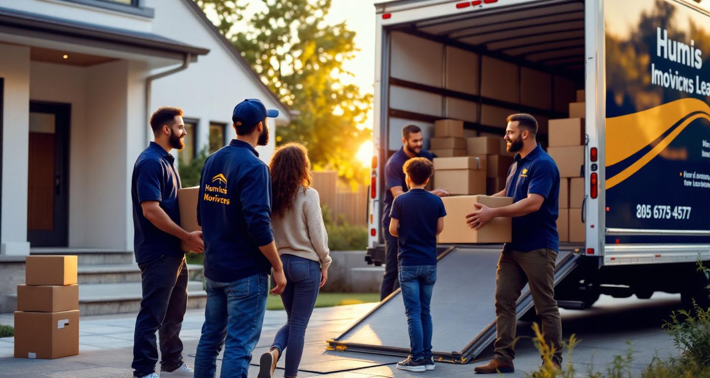 Professional movers loading family belongings into truck while homeowners watch confidently