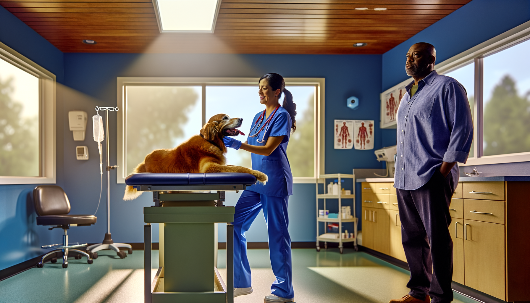 Veterinarian examining golden retriever while owner watches in bright, modern vet office