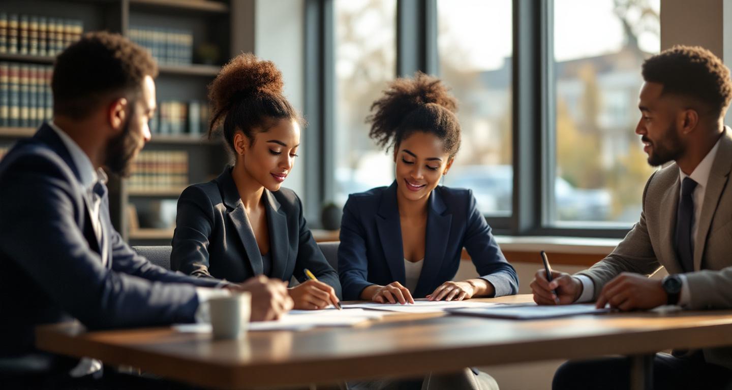 Professional attorney consultation meeting with diverse clients in modern law office