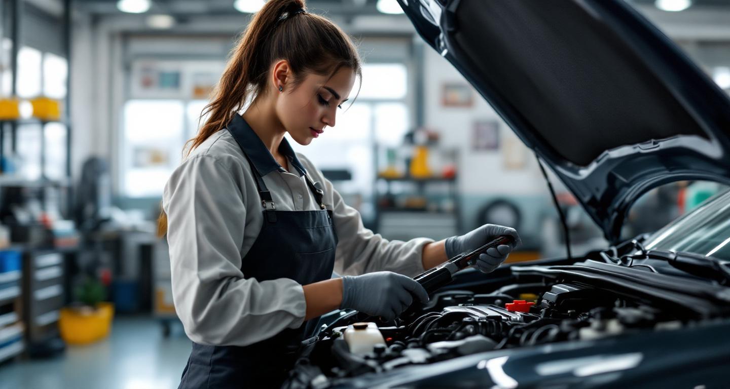Professional mechanic explaining car repair to customers in clean, modern auto shop