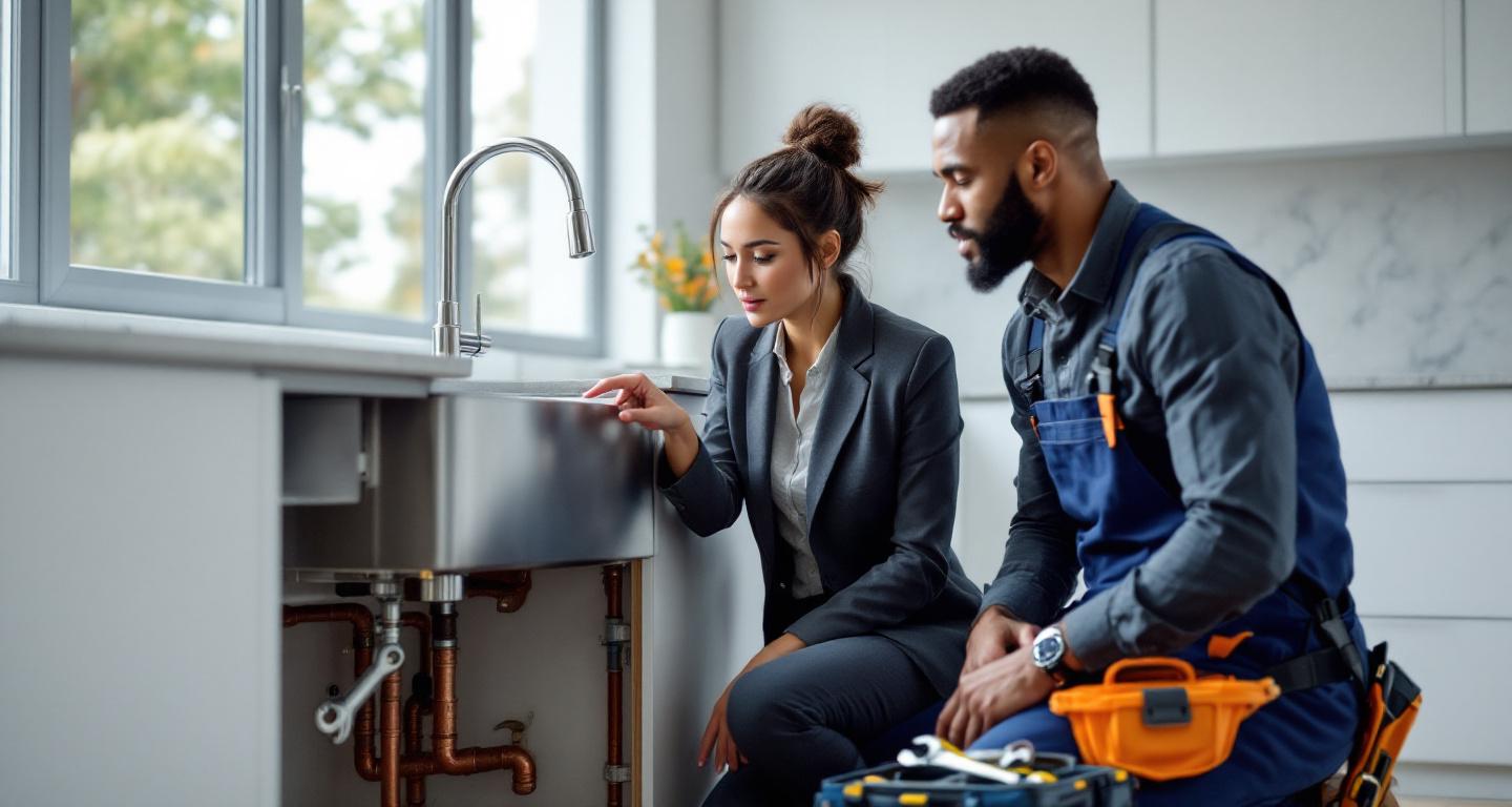 Professional plumber consulting with homeowners in a bright, modern kitchen