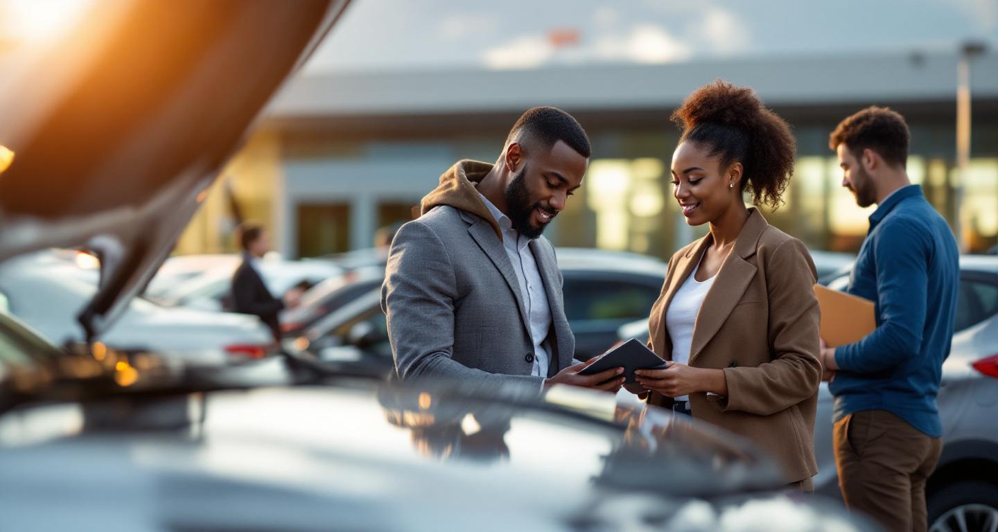 Couple inspecting a car at dealership with salesperson nearby