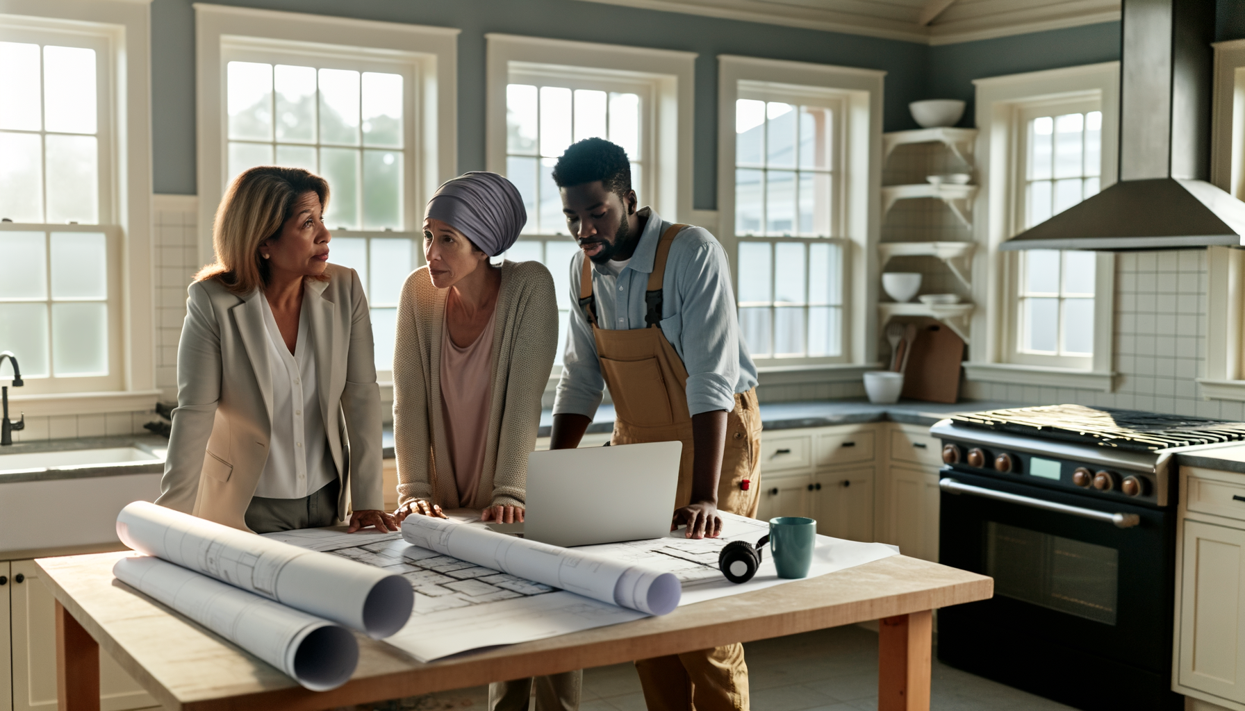 Homeowner, contractor, and project manager collaborating over renovation plans in a partially renovated kitchen