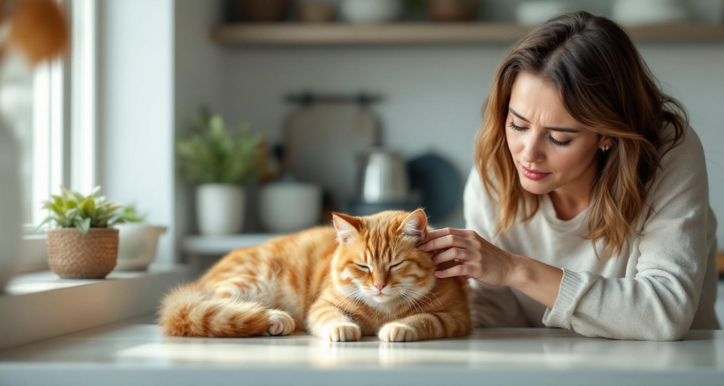 Pet owner gently examining orange tabby cat for signs of illness