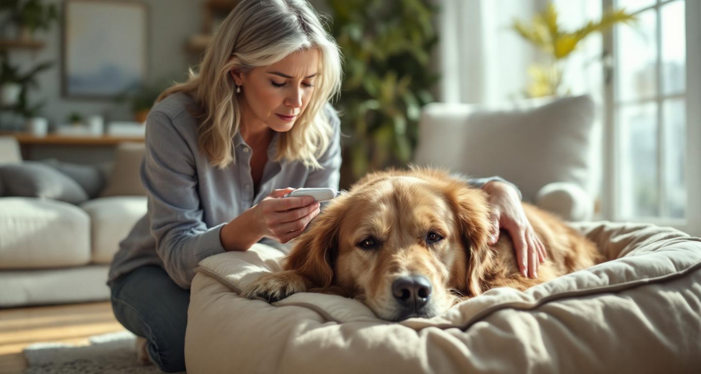 Pet owner checking her golden retriever's health at home