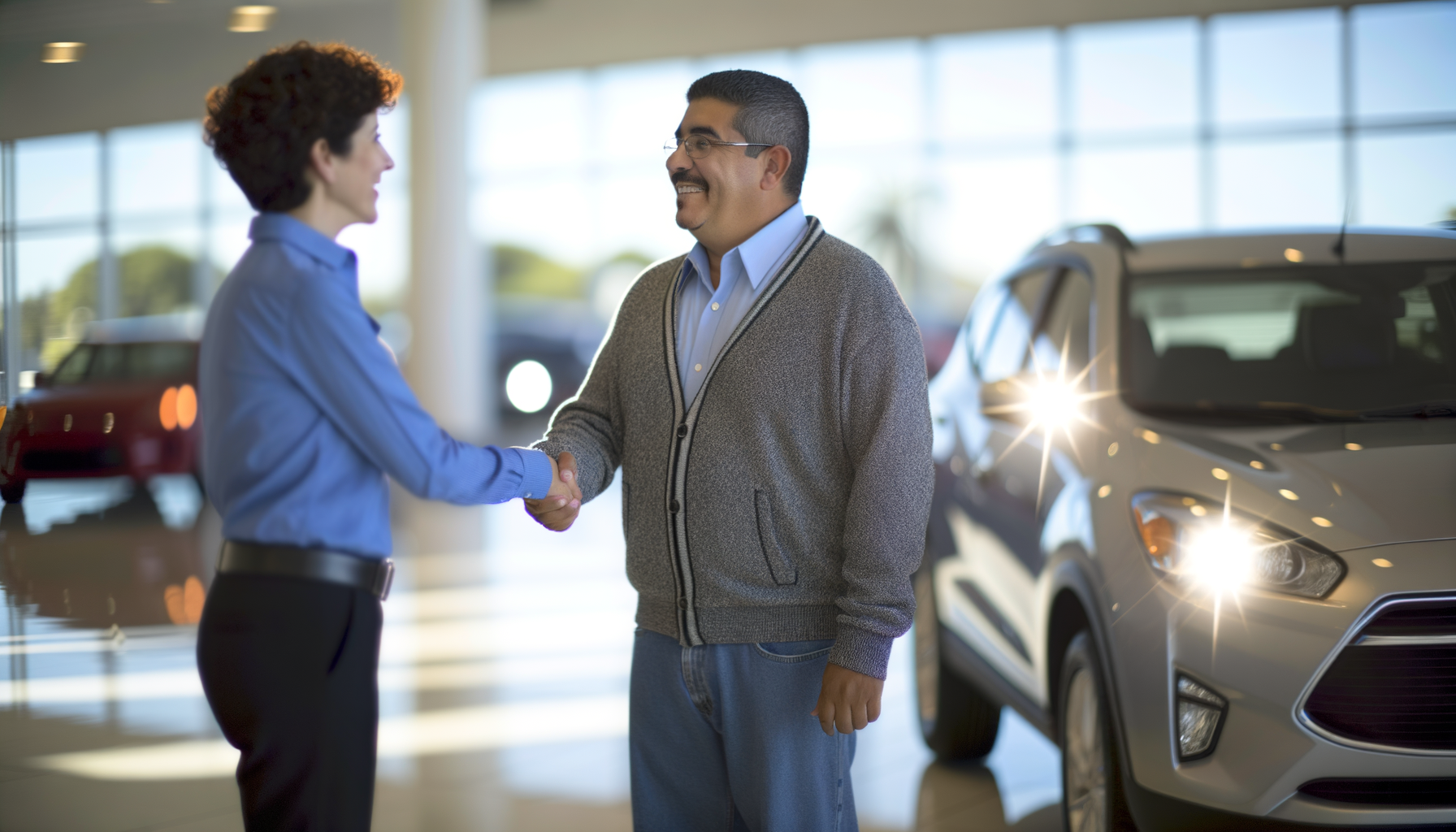 Customer shaking hands with trustworthy auto dealer in modern car showroom