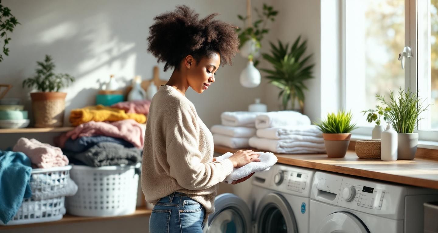 Woman folding clean laundry in bright, organized laundry room