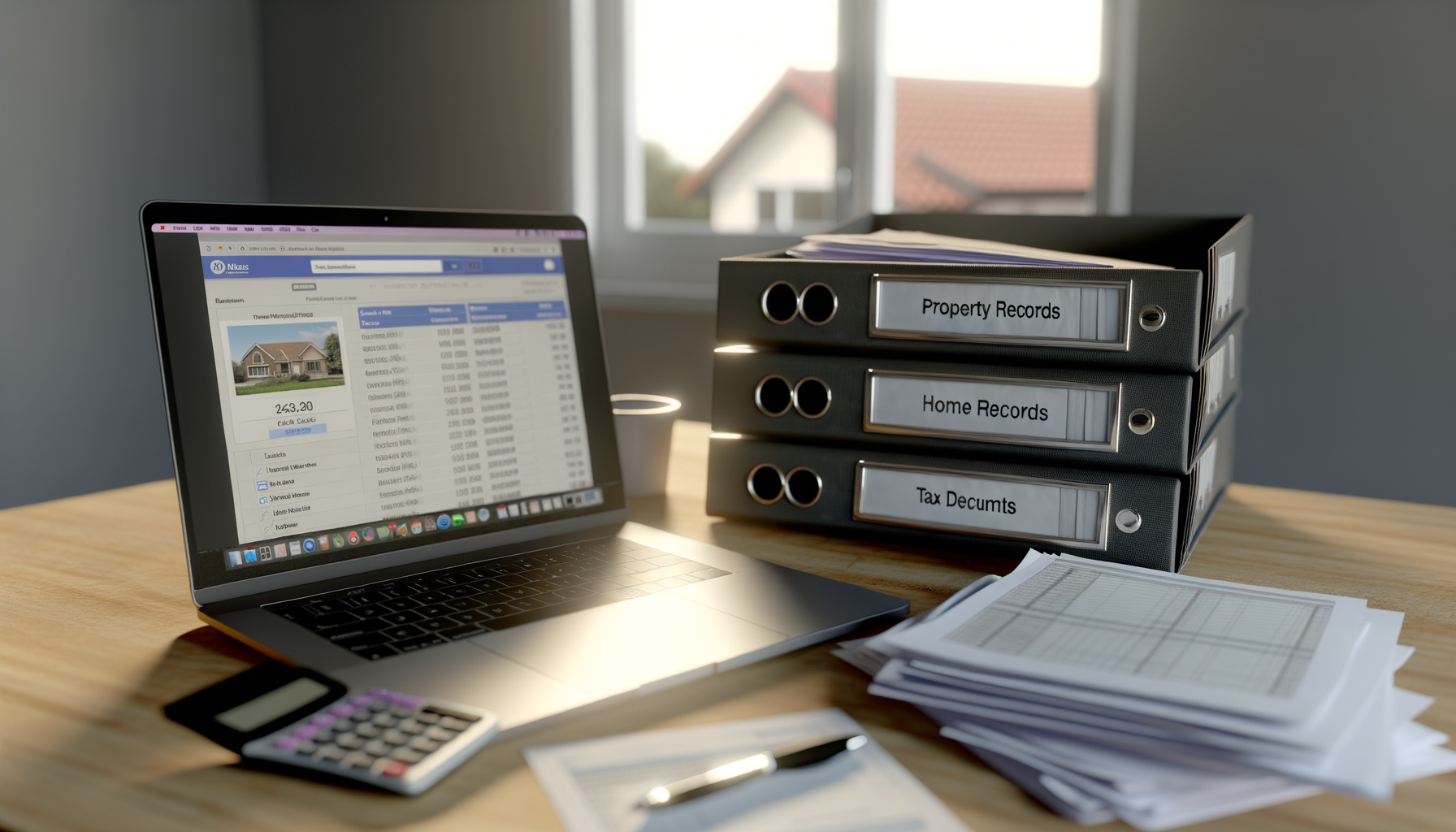 Organized desk with home selling documents, laptop, and file folders prepared for house listing