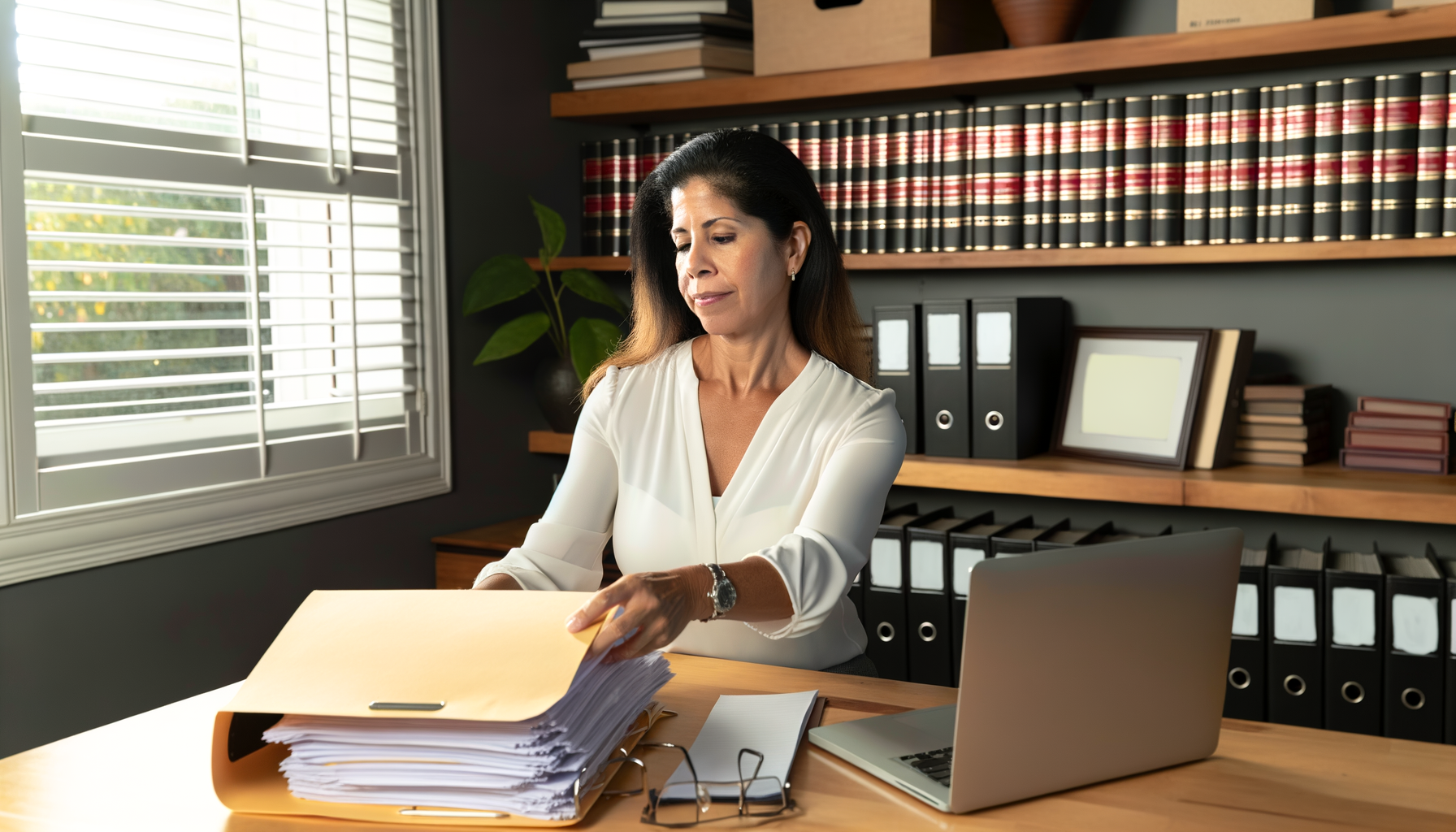 Woman organizing legal documents into folders at desk