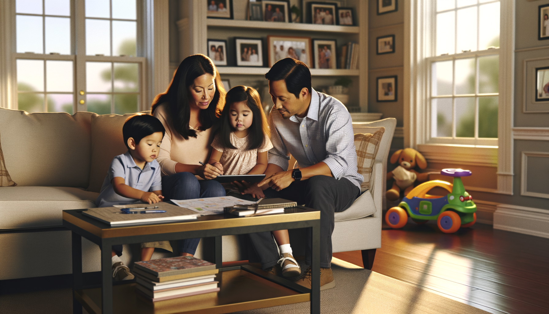 Family planning backup childcare arrangements together on their living room couch