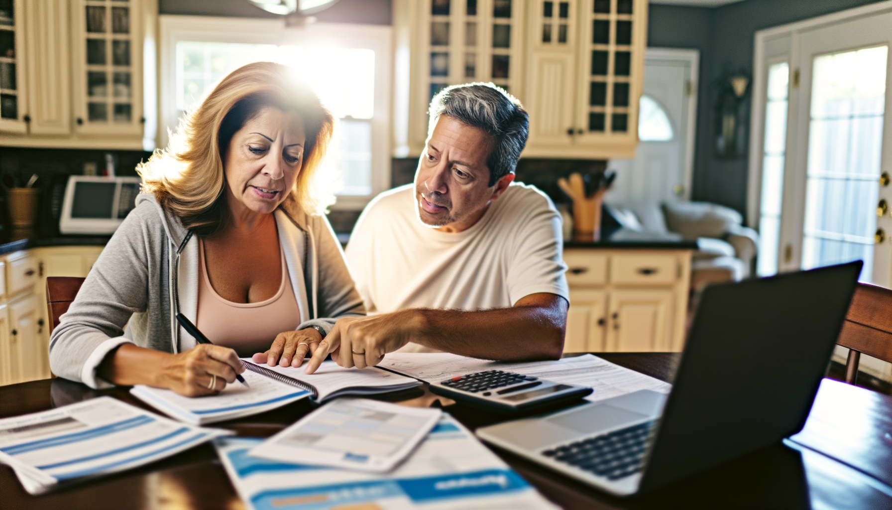Couple planning home maintenance and services at kitchen table with organized documents and digital tools