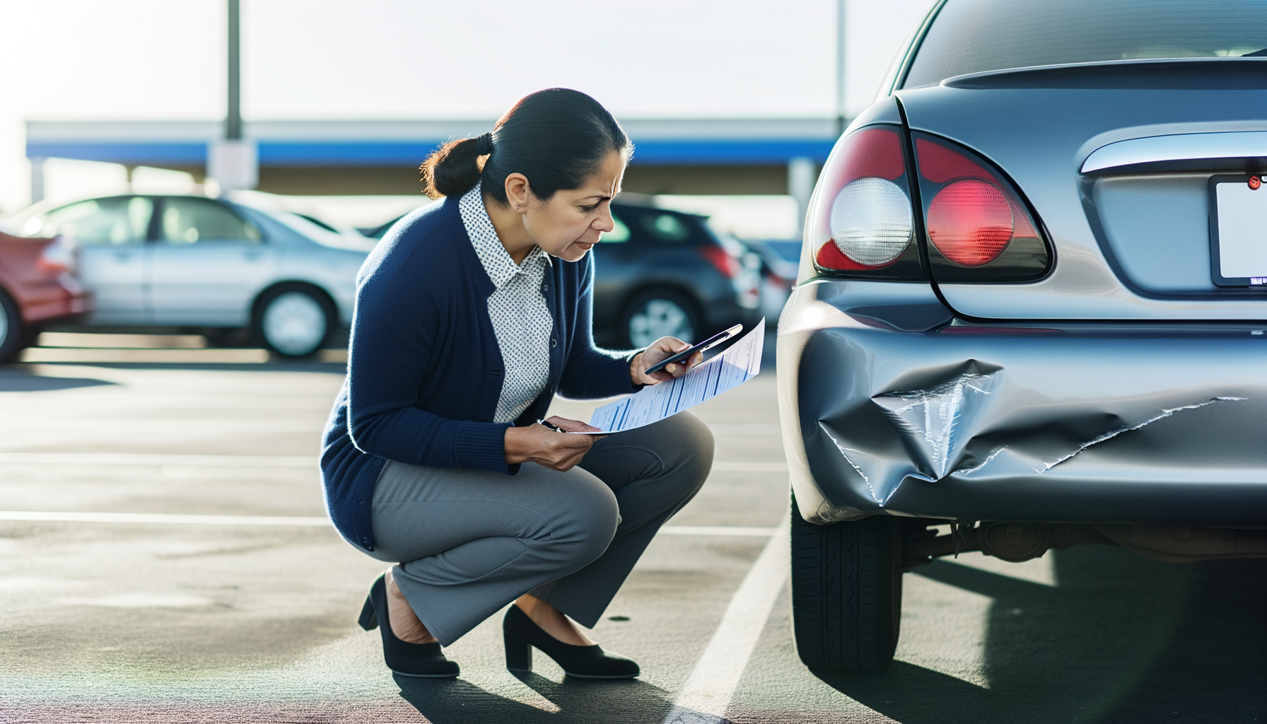 Woman documenting car damage with smartphone before filing insurance claim