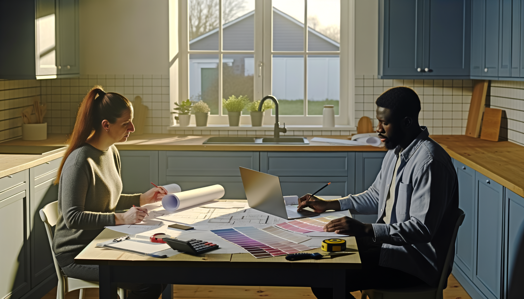 Couple planning home renovation project with blueprints and materials at kitchen table